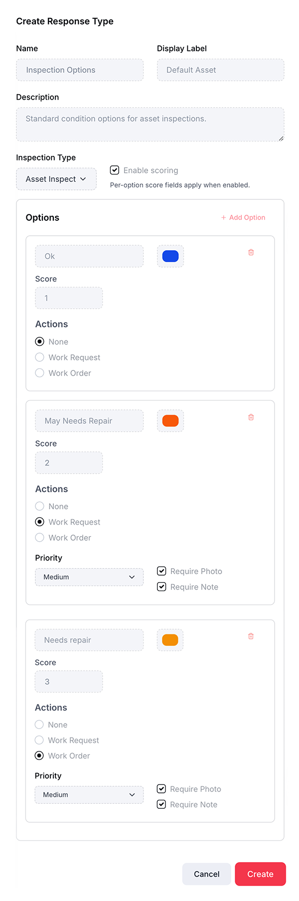 Lambda Asset Check creates reusable inspection templates with standard response types including scoring, required evidence, and work actions
